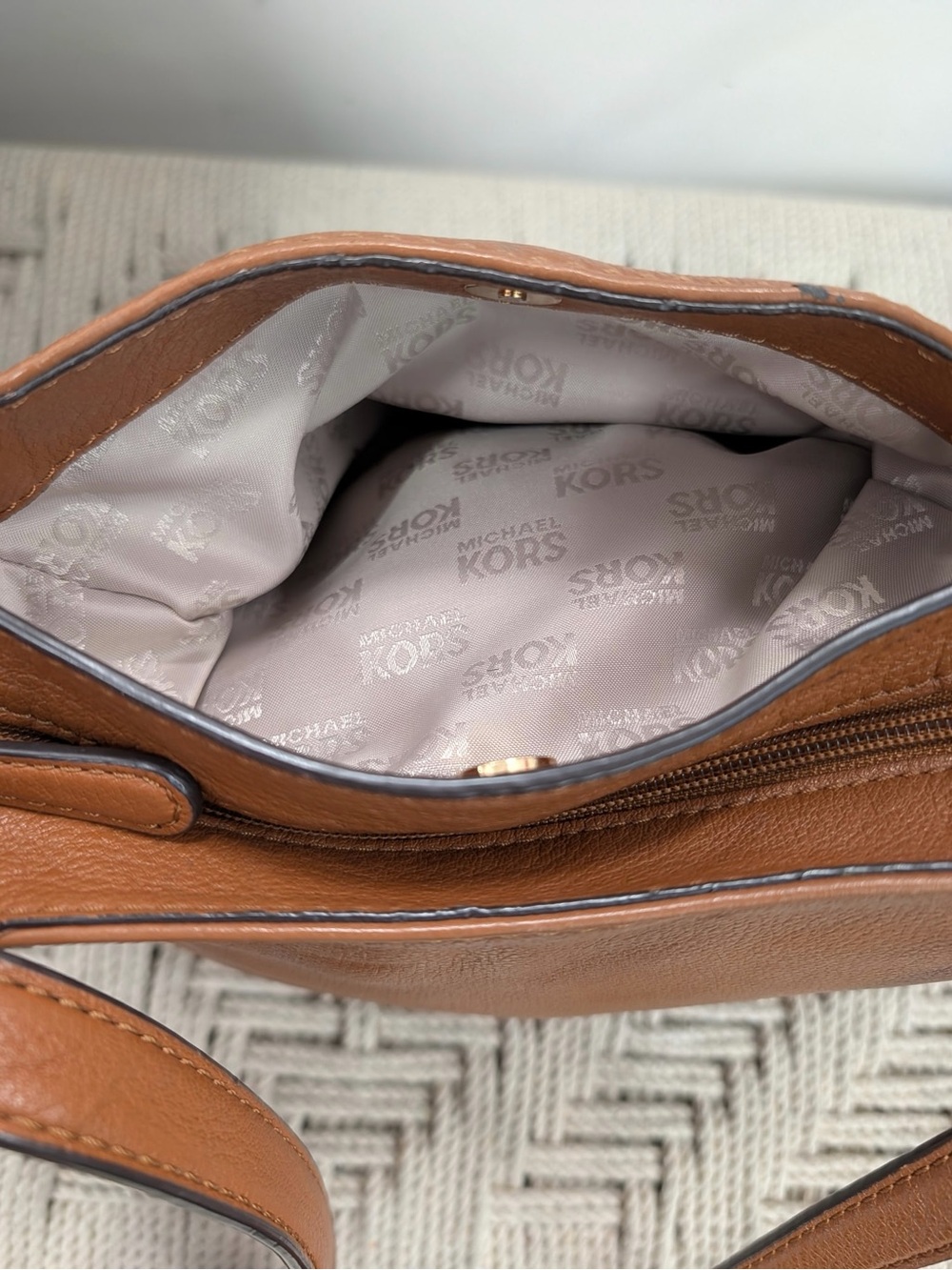 Michael Kors Cognac Pebbled Leather Crossbody Bag Gold MK Logo Adjustable Strap - Picture 9 of 9